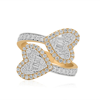 Yellow Gold Women's Double Heart Diamond Baguette Ring