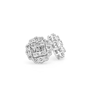 White Gold Round Baguette Diamond Earrings