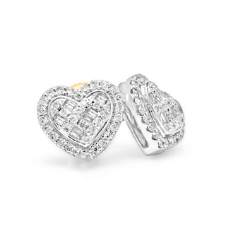 White Gold Heart Shape Round Baguette Diamond Earrings